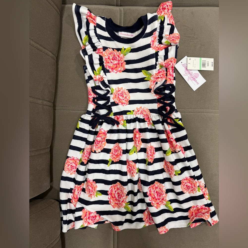 Bonnie Jean Navy and White Striped Dress with Pink Floral Accents